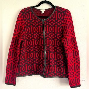Chico's Monica Red Black Full Zip Faux Leather Trim Cardigan Sweater 2/L